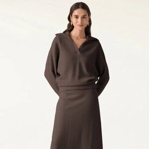 2Pcs Set Collared V-Neck Batwing Sleeve Pullover & Ribbed Midi Pull-on Skirt